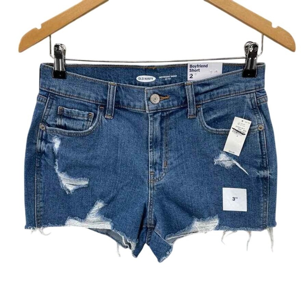 Old Navy Mid-Rise Boyfriend Short Womens 2 Blue Jean Distressed 3" Inseam NEW